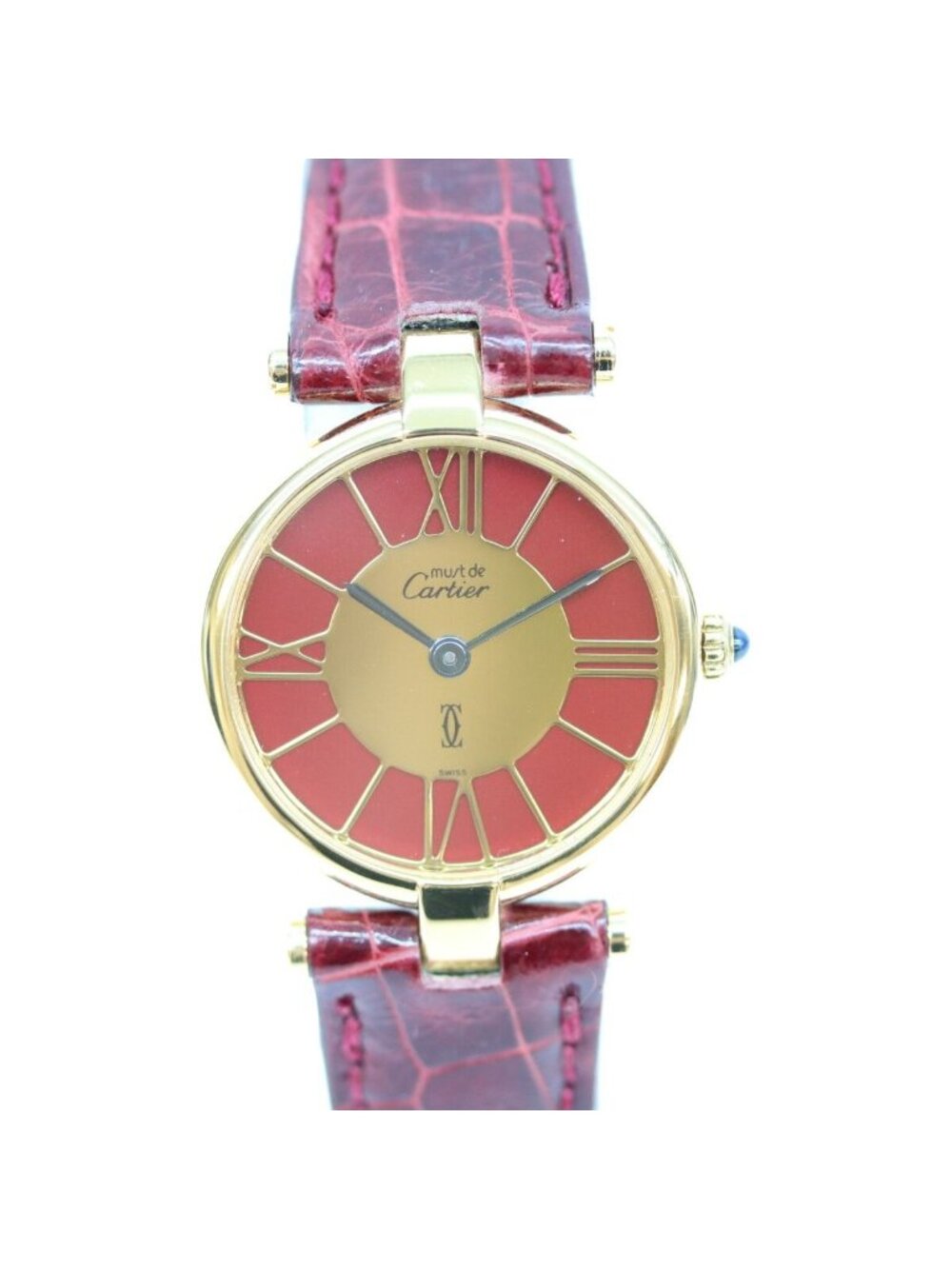 Cartier Must Vendome Vermeil SM Bordeaux Gold Roman Dial Red Leather